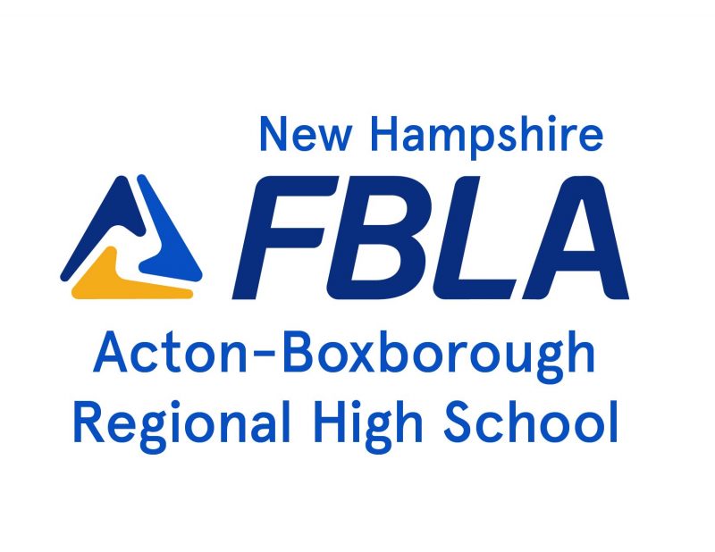 Logo with blue text reading New Hampshire FBLA Acton-Boxborough Regional High School and a stylized yellow and blue mountain graphic to the left, representing FBLA’s commitment to leadership and achievement.