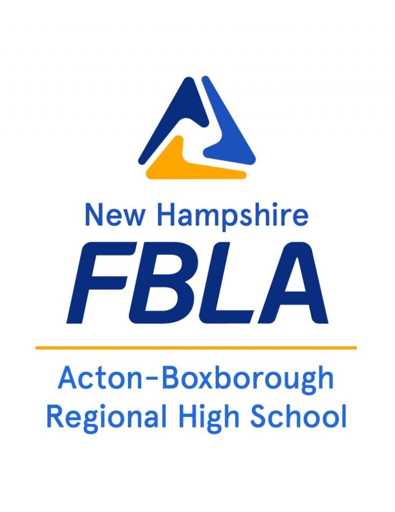 Logo for New Hampshire FBLA featuring a blue and yellow abstract design above the text “New Hampshire FBLA Acton-Boxborough Regional High School.”.