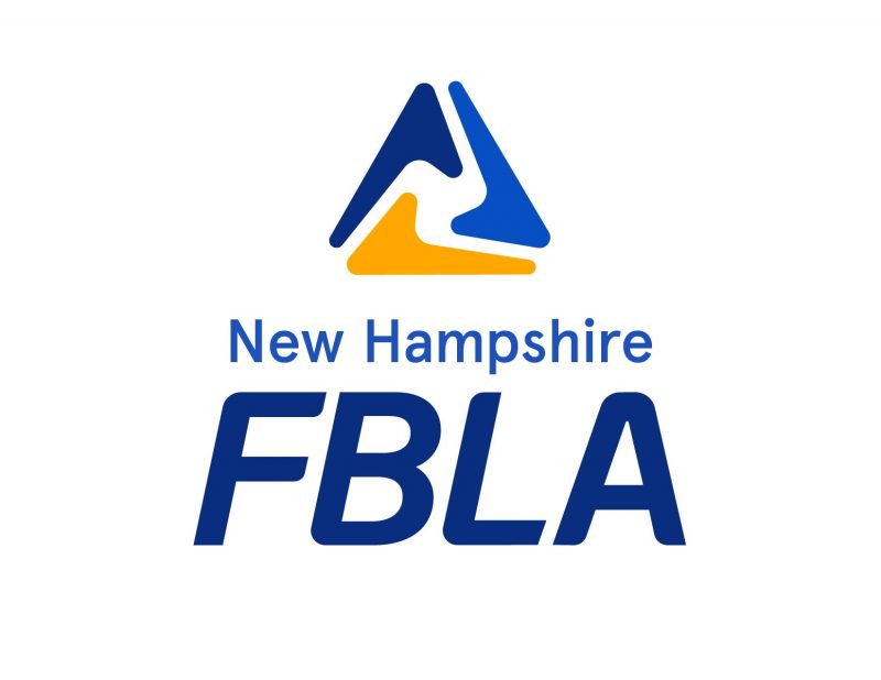 Logo with blue and yellow abstract shapes above the text New Hampshire FBLA in bold blue letters on a clean white background.
