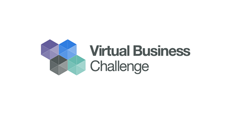 Logo with six overlapping hexagons in shades of blue, purple, and gray on the left, and the words Virtual Business Challenge in bold and regular gray text on the right against a white background, highlighting Youth Leadership Programs.