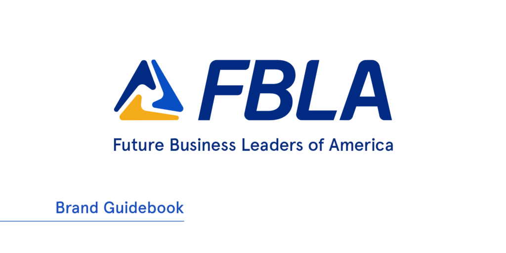 FBLA logo with stylized blue and gold triangles, FBLA in large blue letters, and Future Business Leaders of America underneath. Brand Guidebook is featured at the bottom for easy reference.