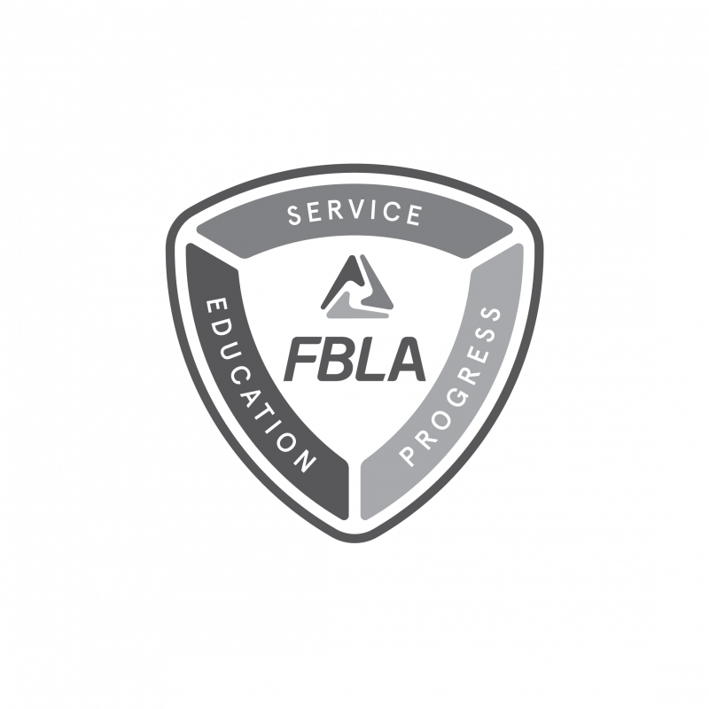 A gray and white shield-shaped FBLA emblem featuring the words Service, Education, and Progress around the edges, with the distinctive FBLA logo in the center.