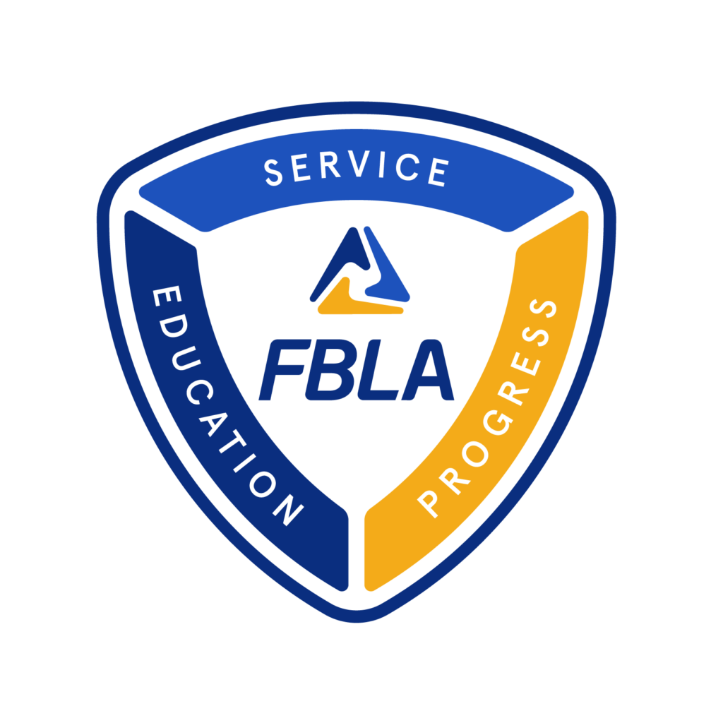 A shield-shaped FBLA logo divided into three sections labeled Service, Education, and Progress, featuring a stylized blue and yellow emblem above the bold letters FBLA in the center.