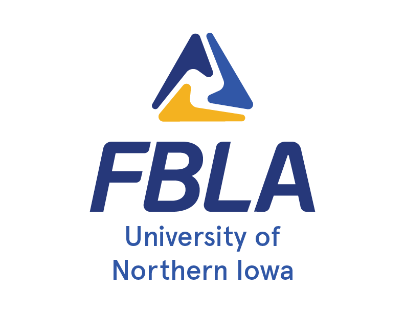 The FBLA logo features a stylized blue and gold triangle above bold blue text reading FBLA University of Northern Iowa on a white background.