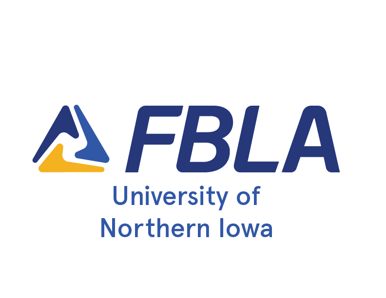 FBLA logo featuring a triangular blue and yellow graphic, with FBLA and University of Northern Iowa in blue letters on a white background.