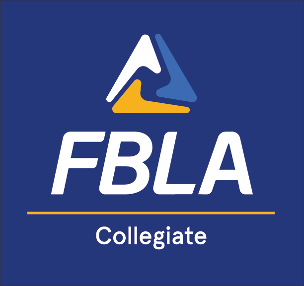 FBLA Collegiate logo with an abstract blue, yellow, and white triangle design above bold white FBLA text, and the word Collegiate below on a vibrant blue background.