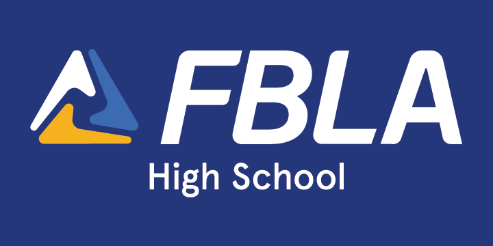 The FBLA High School logo appears on a blue background, featuring a dynamic white, blue, and yellow triangular symbol beside bold white letters FBLA with smaller text High School below.