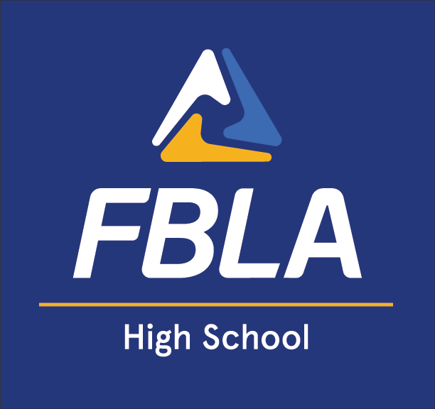 FBLA High School logo on a blue background, featuring abstract shapes in white, yellow, and blue above the bold letters “FBLA” and the words “High School” below a yellow line, symbolizing leadership and business excellence.