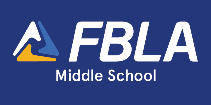 Logo with stylized blue and yellow triangles forming an abstract A on the left, next to bold white text FBLA and smaller Middle School text on a dark blue background, representing leadership and innovation.