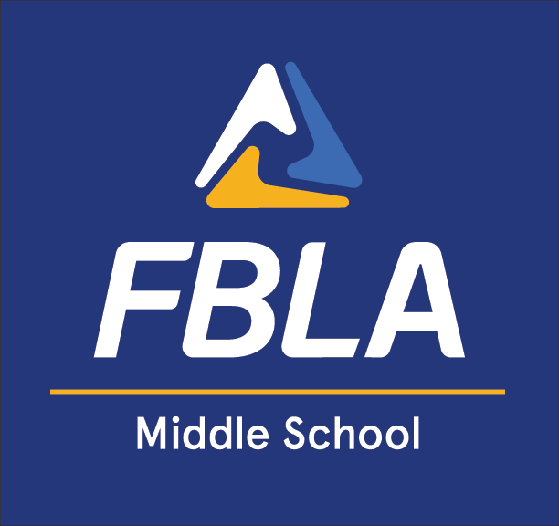 FBLA Middle School logo featuring abstract white, blue, and yellow triangular shapes above bold white FBLA text, with Middle School written below on a vibrant blue background.