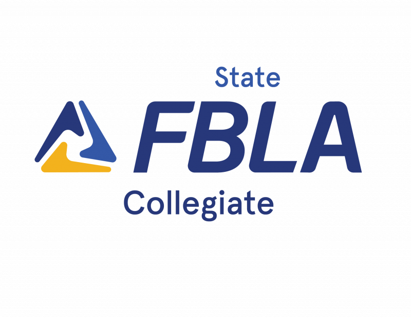 Logo for FBLA State Collegiate features stylized blue letters “FBLA” with “State” above and “Collegiate” below, plus a bold blue and gold triangular graphic on the left. Perfect for showcasing collegiate leadership events.