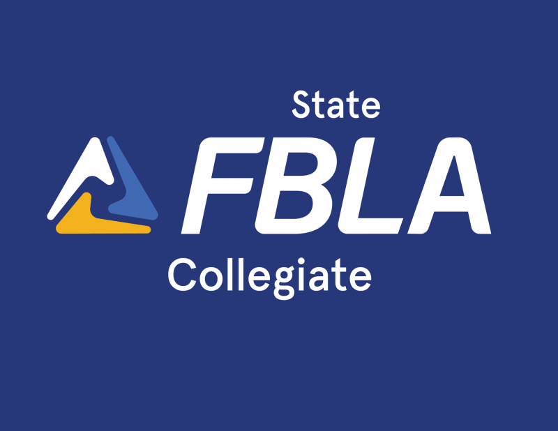 Logo on a blue background featuring a stylized mountain graphic and the text State FBLA Collegiate in white, representing a Future Business Leaders of America chapter for college students.