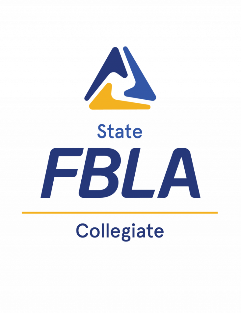 Logo for State FBLA Collegiate, featuring a blue and yellow abstract symbol above the text. The words “State FBLA” are bolded in blue, with “Collegiate” below a yellow line, capturing a dynamic professional spirit.