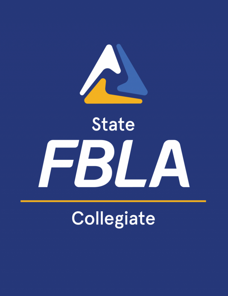 A blue background features a white, yellow, and blue abstract triangle logo above the words State FBLA in bold white letters, a yellow line, and the word Collegiate below, emphasizing leadership and business excellence.