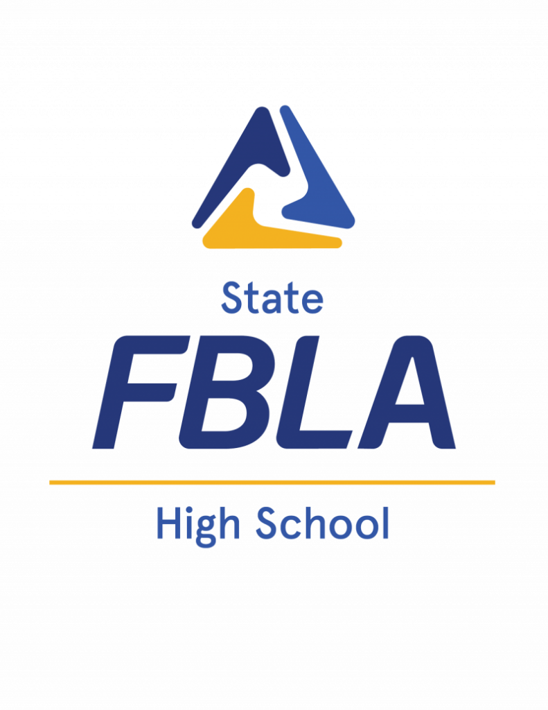 The image features the State FBLA High School logo with a blue and gold abstract triangle above the words State FBLA High School, separated by a thin gold line.