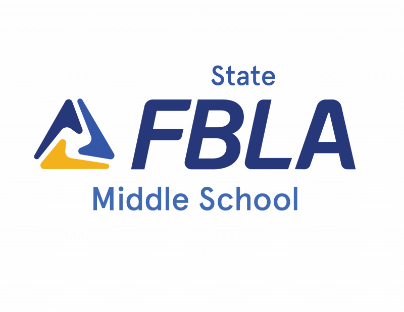 Logo for State FBLA Middle School featuring stylized blue and yellow shapes on the left, with bold blue text reading State FBLA Middle School on a transparent background.