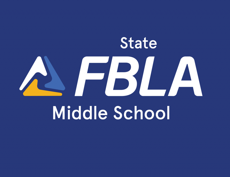 Blue background with a white and yellow triangular logo on the left, and the words State FBLA Middle School in bold white text to the right of the logo, representing student leadership.