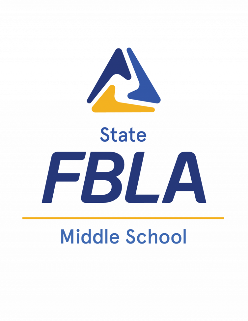 Logo with a blue and yellow abstract design above the words State FBLA in large blue letters, and Middle School below a yellow line, highlighting leadership and business education.