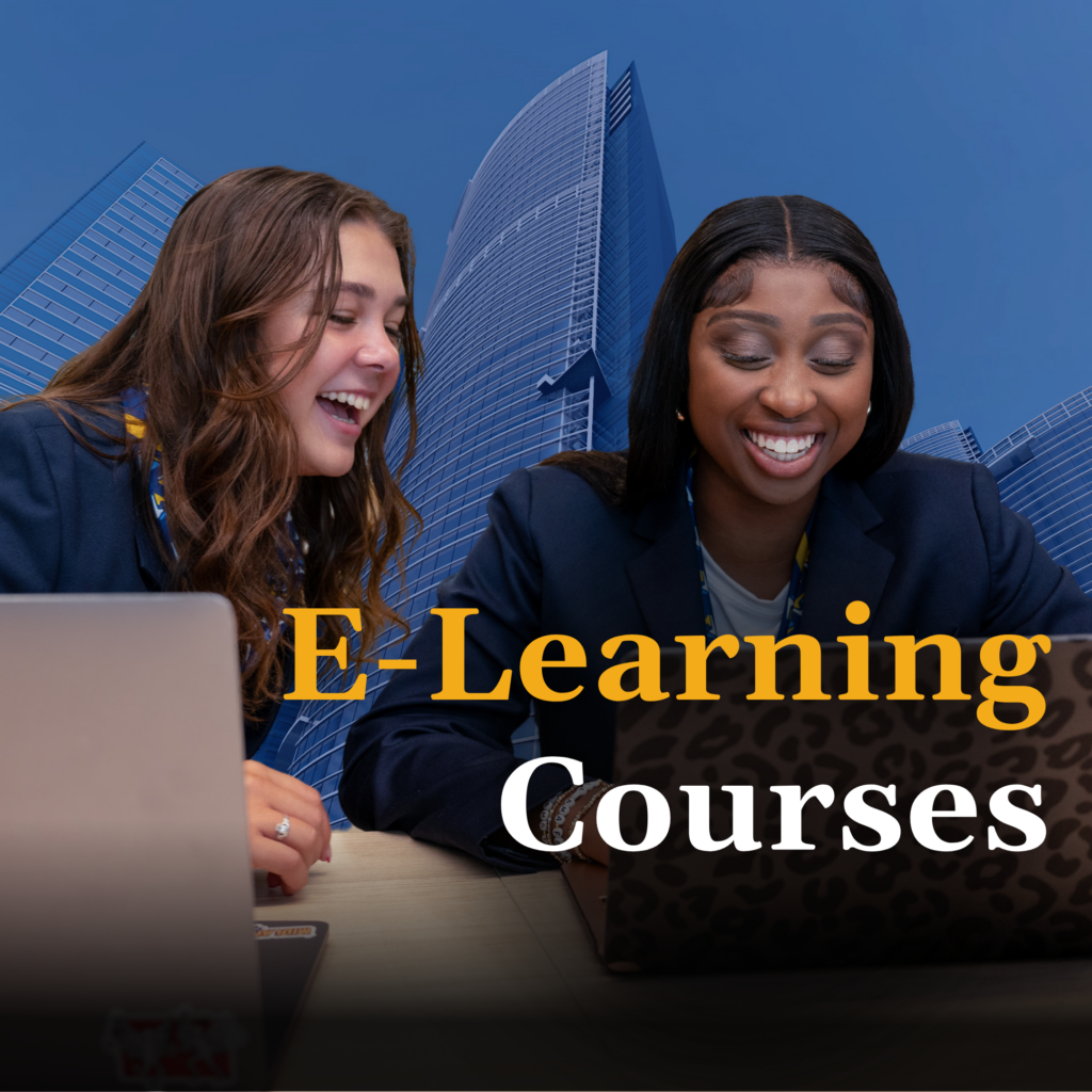 Two women smiling and working on laptops, sitting together at a desk with tall modern buildings in the background. The words Business Education Programs and E-Learning Courses are overlaid on the image.