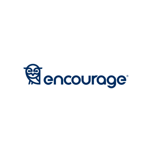 The logo features a stylized owl face drawn with simple lines to the left of the word encourage in lowercase, dark blue letters on a white background, evoking wisdom and clarity.