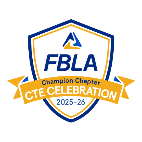 A blue and gold shield logo features the text FBLA with a stylized emblem above. A gold ribbon reads CTE Celebration Champion Chapter 2025-26.