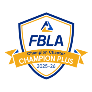 A blue and gold shield logo reads FBLA Champion Chapter Champion Plus 2025-26 with a stylized A at the top and a gold banner across the shield.