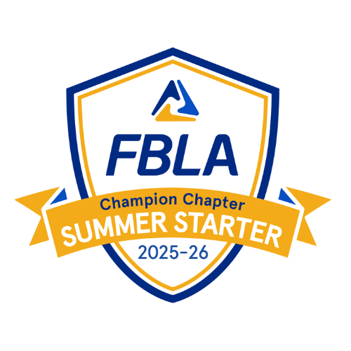 A shield-shaped badge with the FBLA logo, text Champion Chapter, and a yellow ribbon reading Summer Starter 2025-26.