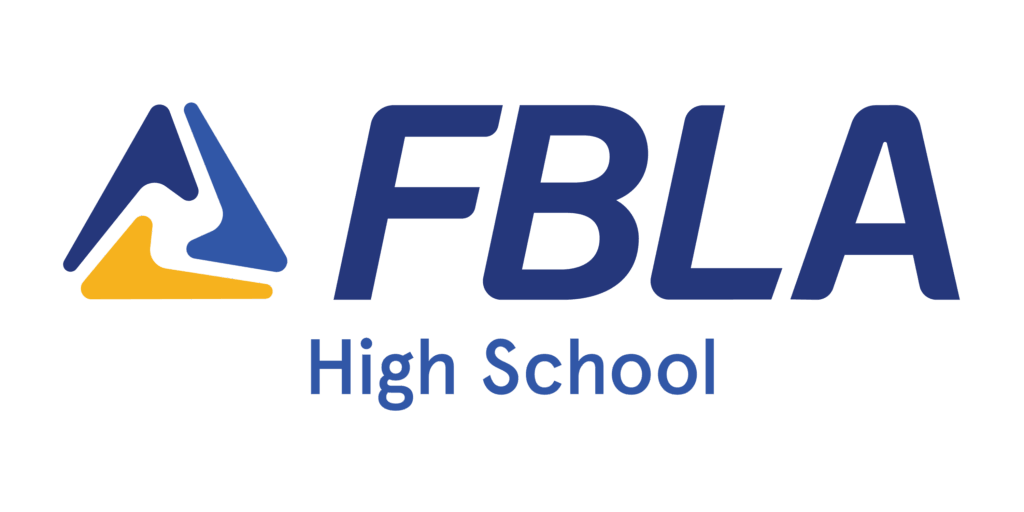 Logo for FBLA High School. The image features a blue and yellow abstract symbol on the left, followed by the bold blue letters FBLA. Below FBLA are the words High School in smaller blue text.