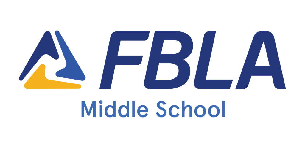 The image shows the FBLA Middle School logo with a stylized blue and yellow triangular symbol on the left and the words FBLA Middle School in blue text on the right.