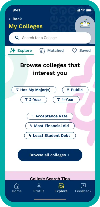 A mobile app screen titled My Colleges displays college search options with filters for major, school type, acceptance rate, financial aid, and student debt. Navigation tabs are at the bottom for Home, Profile, Explore, and Feedback.