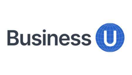 The image shows the text Business U with a blue globe icon representing the letter U on a white background.