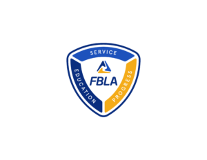 A blue and gold shield-shaped FBLA logo with “Service,” “Education,” and “Progress” written on the border and a stylized “FBLA” and arrowhead design in the center.