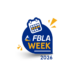 A blue badge features a calendar icon, yellow and orange accent lines, and the text FBLA Week 2026 in white, yellow, and blue, celebrating FBLA Week for Future Business Leaders of America.