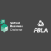 Two logos on a dark background: the left logo features a green cube with a flag and the text Virtual Business Challenge; the right logo shows a white triangular icon above the text FBLA.