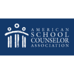 Logo of the American School Counselor Association with three white abstract figures above five vertical lines on a blue background, accompanied by the associations name in white text.
