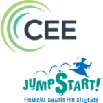 Logos for CEE (Council for Economic Education) with green arcs and CEE text, and Jump$tart with a leaping graduate and the phrase Financial Smarts for Students below the name.