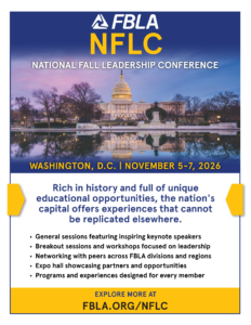 Promotional flyer for the FBLA National Fall Leadership Conference in Washington, D.C., November 5-7, 2026, featuring conference highlights and a photo of the U.S. Capitol reflecting in water at dusk.