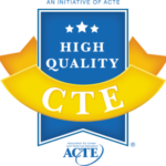 A blue badge with three white stars and the words High Quality above a gold ribbon displaying the letters CTE in white.