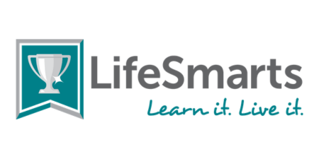 LifeSmarts logo with a silver trophy inside a teal banner on the left, and the words LifeSmarts in gray and Learn it. Live it. in teal script on the right.